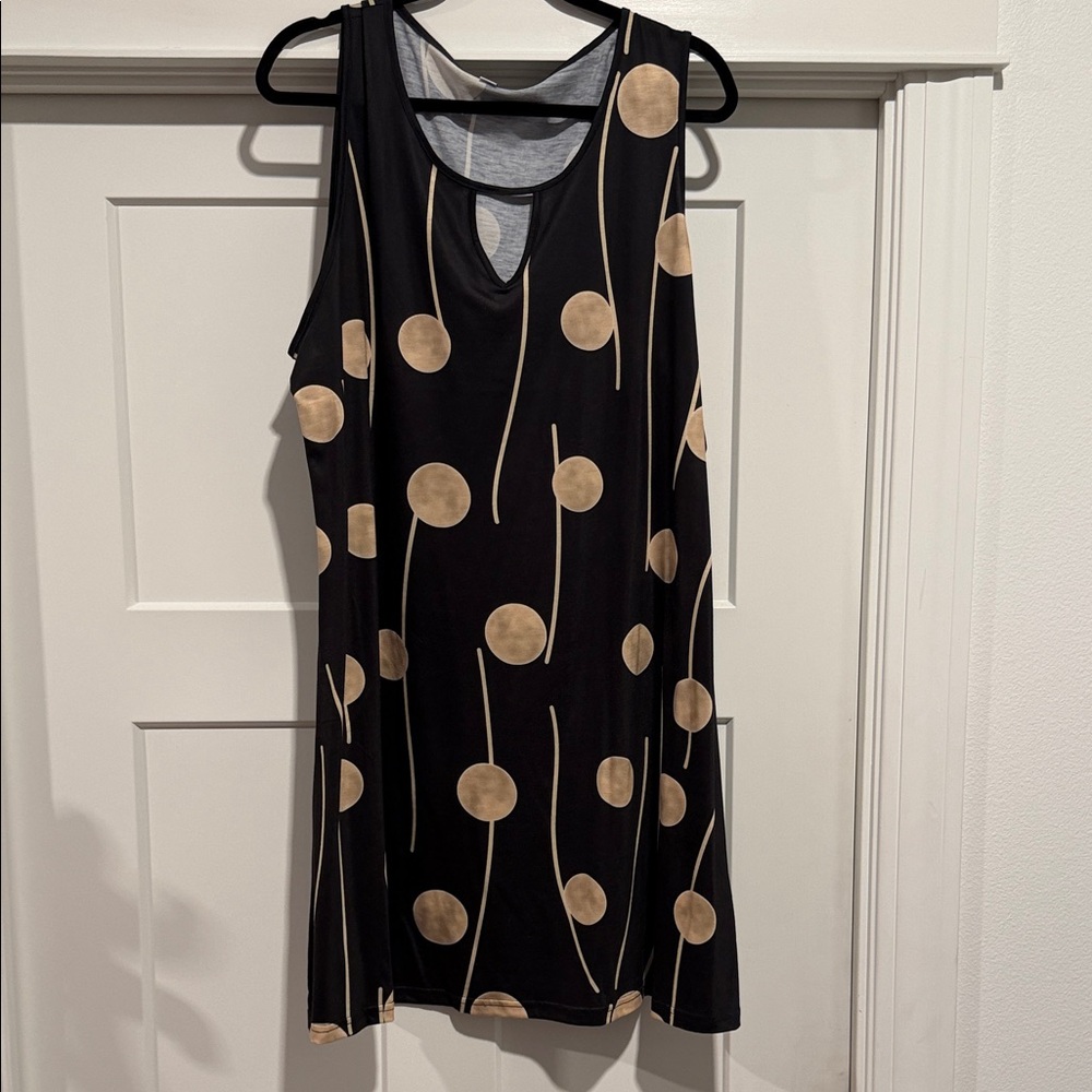 Sleeveless Black Midi Dress with Tan Dot Print